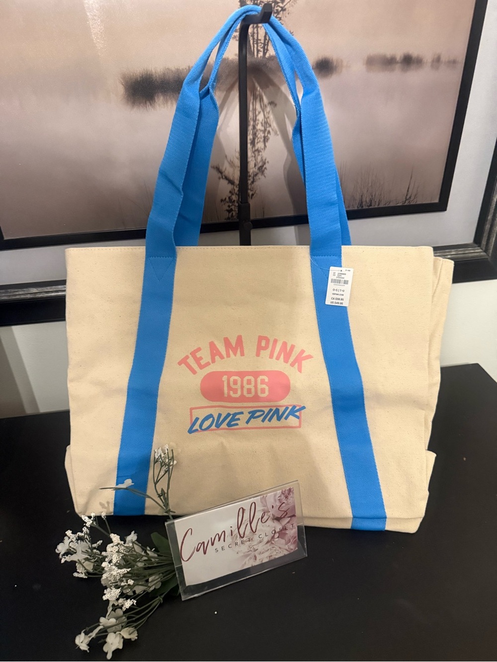 PINK Victoria's Secret Cream Canvas Tote with Bright Blue Straps